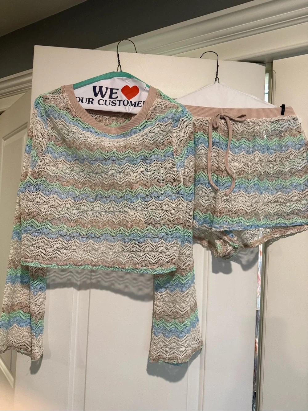 wild fable Beige Crochet Knit Sweater & Shorts Set with Blue and Green Stripes